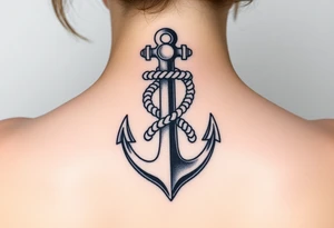 weathered anchor wrapped in nautical rope with sea waves tattoo idea