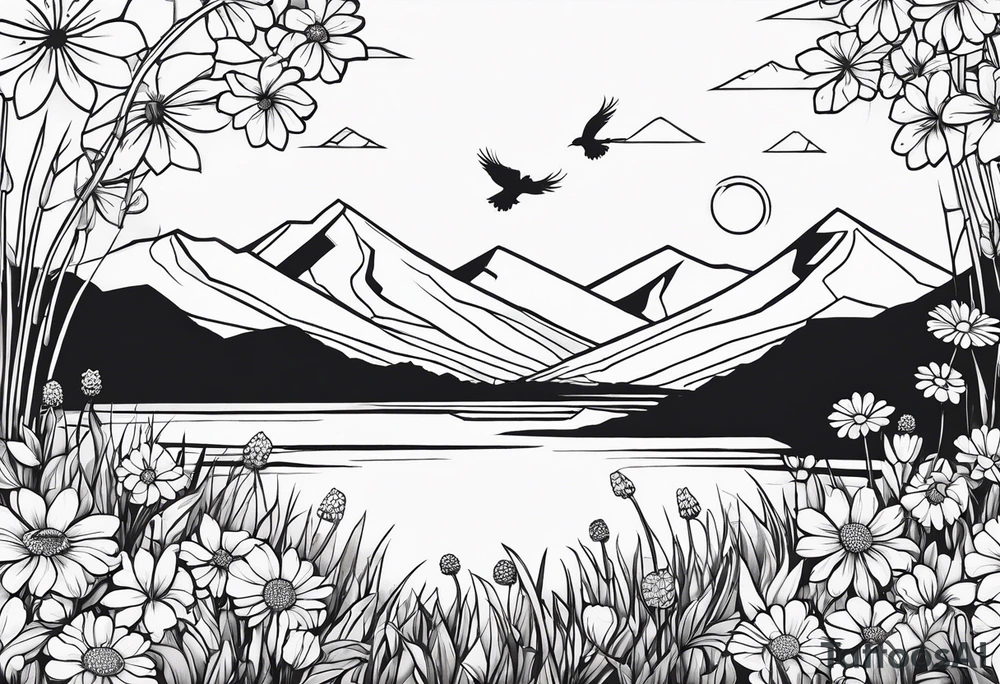Geometric small bird outline sitting in grass and daisys with mountains in the background tattoo idea