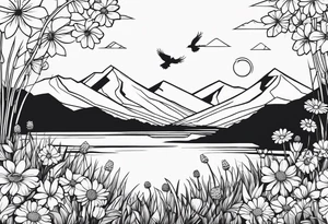 Geometric small bird outline sitting in grass and daisys with mountains in the background tattoo idea