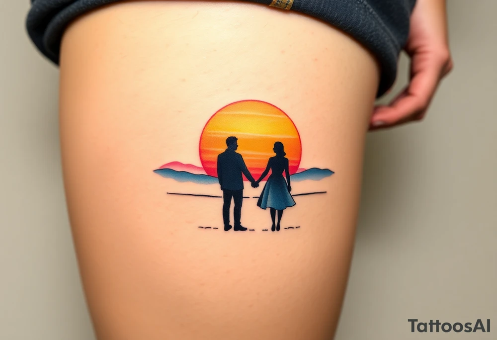 A soft watercolor sunset with two silhouetted figures holding hands, symbolizing a lifetime of love and support tattoo idea