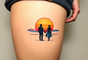 A soft watercolor sunset with two silhouetted figures holding hands, symbolizing a lifetime of love and support tattoo idea