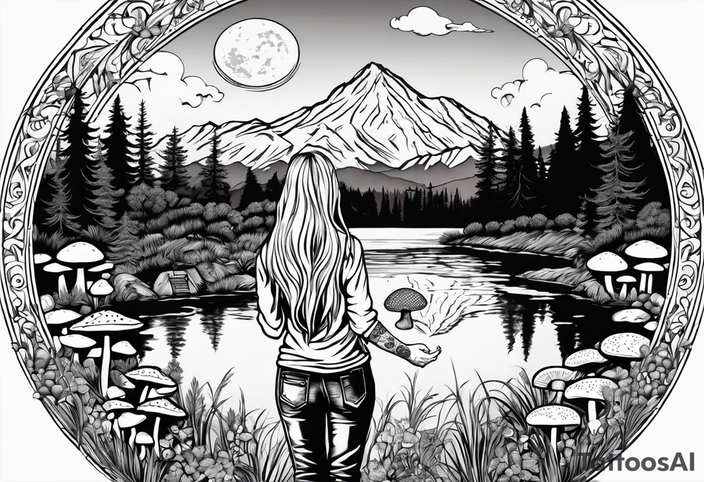 Whole picture encircled fully

Straight long blonde hair hippie girl in distance holding mushrooms in hand facing away toward mountains and creek surrounded by mushrooms long sleeve shirt and hiking pants; whole rendering within a full circle, no cut off circle tattoo idea