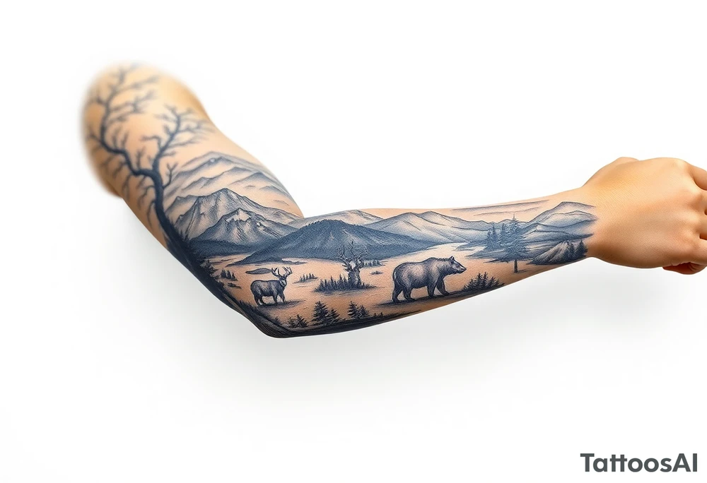 A full-sleeve with the Härjedalen landscape, reindeer, bear, lakes, mountains (Helags), tattoo idea