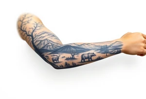 A full-sleeve with the Härjedalen landscape, reindeer, bear, lakes, mountains (Helags), tattoo idea