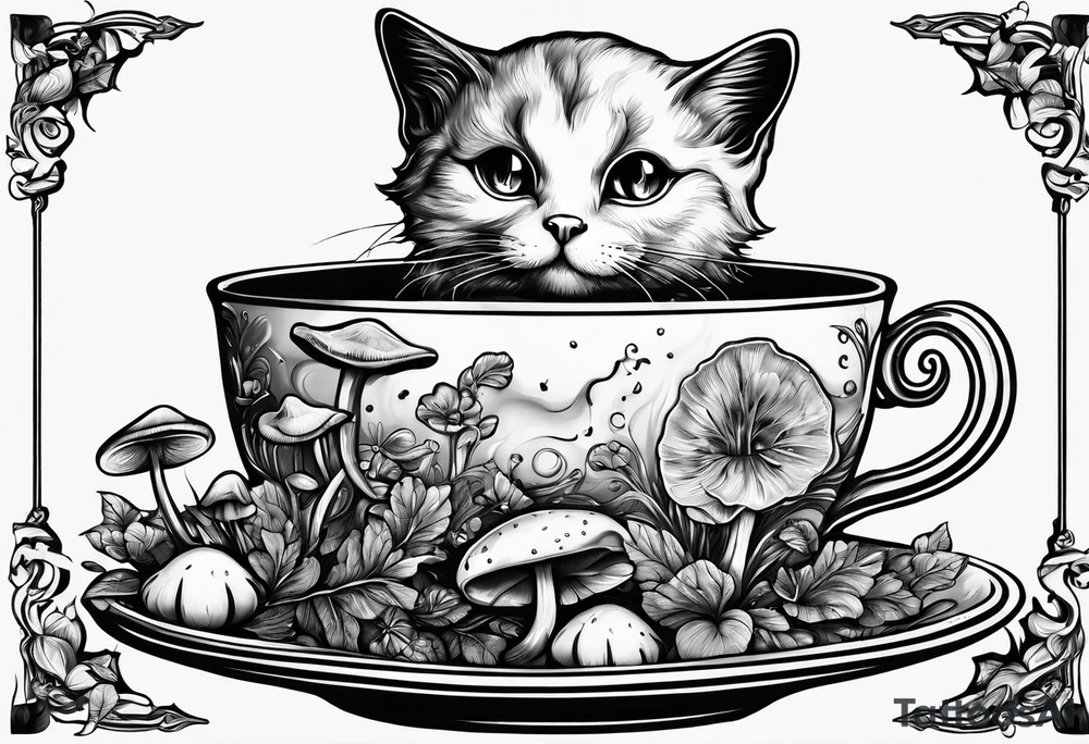 A mysterious cat taking a hot mushrooms cup of tea tattoo idea