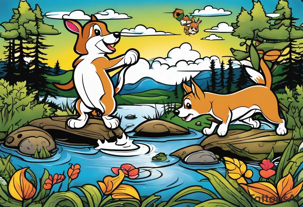 River swamp with beagles squirrel hunting tattoo idea