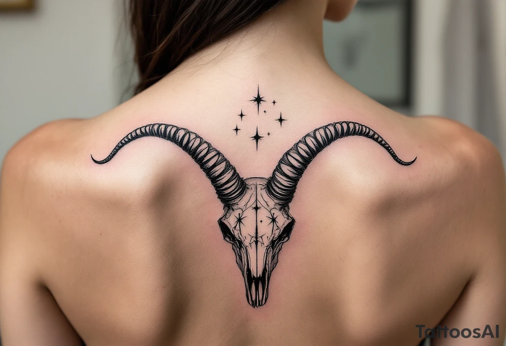 Bold black Capricorn stars constellation arch over a dark navy goat skull, blending astrology and mythology. tattoo idea