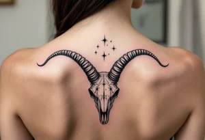 Bold black Capricorn stars constellation arch over a dark navy goat skull, blending astrology and mythology. tattoo idea