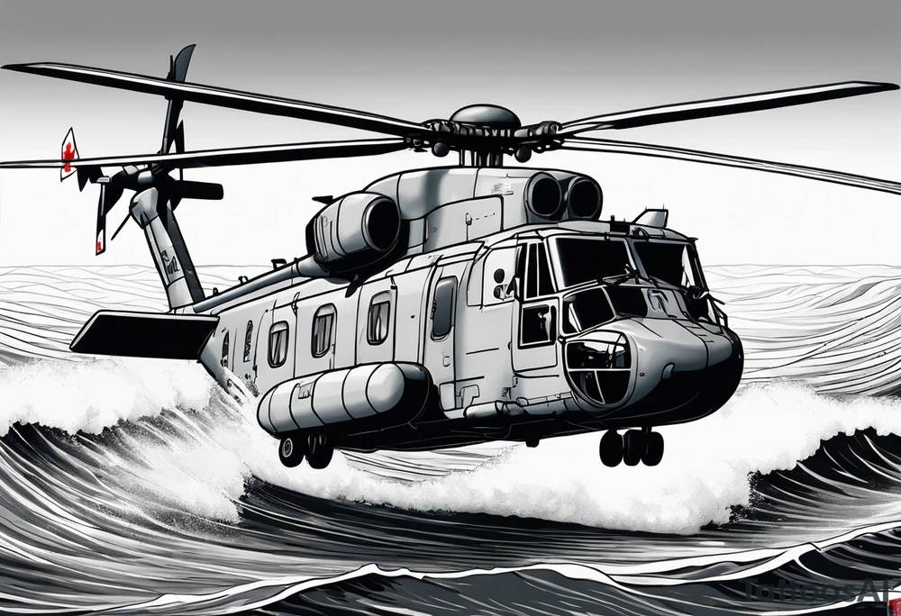 Canadian military grey CH-148 Cyclone helicopter soaring low over rough, ocean waves. A poppy flower be prominently displayed tattoo idea