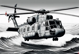 Canadian military grey CH-148 Cyclone helicopter soaring low over rough, ocean waves. A poppy flower be prominently displayed tattoo idea