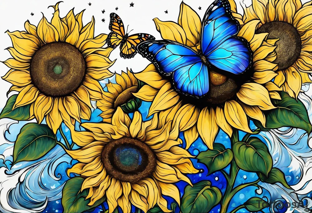 Full moon, blue morpho butterflies and sunflowers. tattoo idea