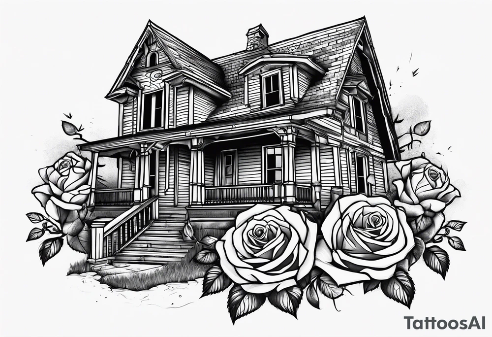 abandoned old house, broken sword, roses tattoo idea
