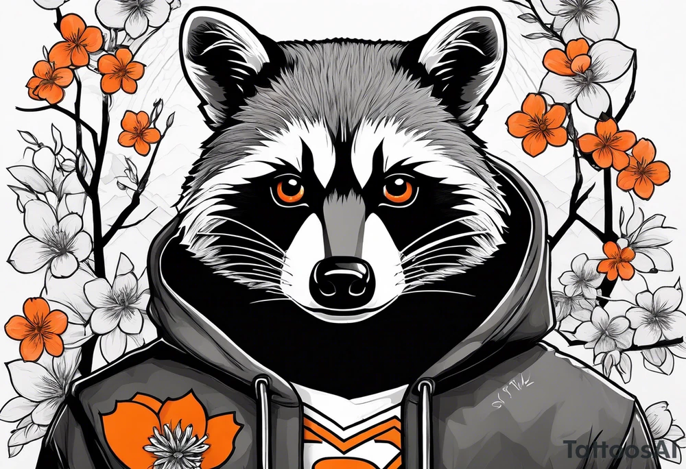 Raccoon wearing a white Superman logo on a black hoodie and orange Japanese cherry blossoms tattoo idea