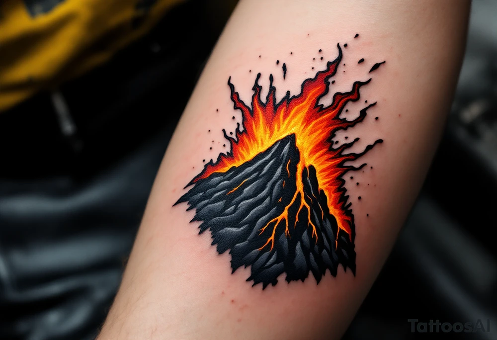 Volcanic Eruption Fire – Molten lava in fiery red, bright orange, and deep black cracks, bursting from a dark volcanic mountain. tattoo idea