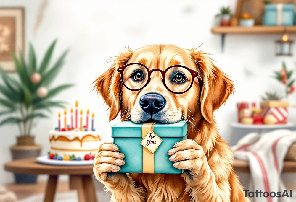 Picture a playful golden retriever wearing cute round reading glasses, holding a neatly wrapped gift box in its mouth. A small tag on the box says “For You.” Behind the dog is a festive table with a birthday cake, candles, and party decorations. The retriever looks clever and kind, like a well-mannered guest at a cozy celebration. A cheerful message floats above:
“Wishing you joy, health, and puppy kisses on your 80th birthday – from the whole Albi team!”
The illustration has a light-hearted, cartoon-like charm, making it perfect for bringing smiles and laughter. tattoo idea