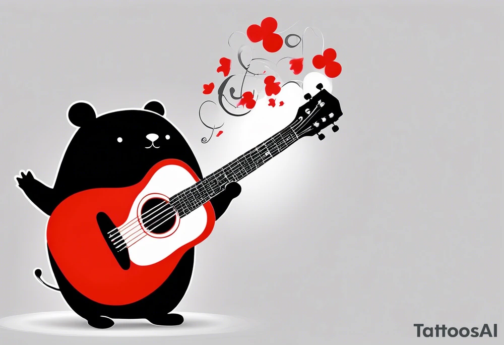 Black and white silhouette illustration of a whimsical chibi mole wearing sunglasses and holding a small red guitar-shaped object. The mole is looking upwards to the right, with its features simplified and stylized. The background is filled with abstract, glowing music note-shaped bokeh lights, creating a sense of warmth and affection. The focus remains on the mole, with the contrasting bokeh shapes enhancing the playful and dreamy atmosphere. The overall design emphasizes simplicity and charm in a striking black-and-white silhouette style. tattoo idea