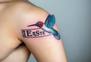 A hummingbird flying through a cartouche (Egyptian nameplate) that spells out a meaningful word like “Life” or “Strength.”(only red , blue and black are possible colors) tattoo idea