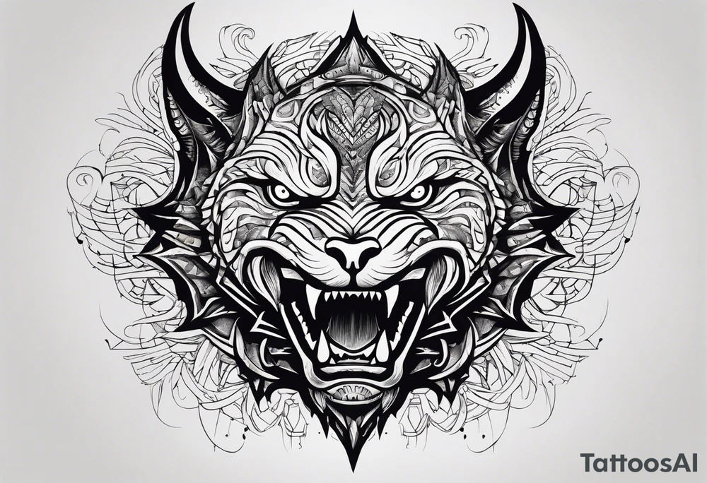 A tattoo designed for the knee, featuring the face of a mitological beast with wild, exaggerated features, such as sharp fangs, intense eyes, and a snarling expression. The design incorporates large areas of white space for contrast, with beams of light or energy radiating outward from the beast’s eyes in a chaotic and powerful pattern. The overall look should be bold and primal, with flowing lines that adapt naturally to the curvature of the knee. tattoo idea