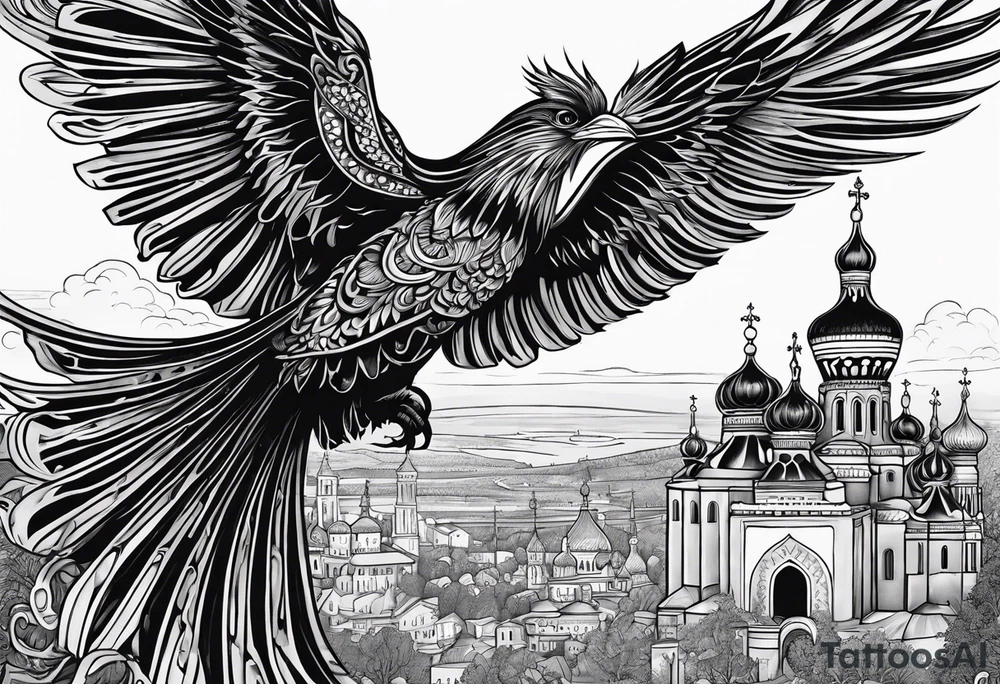 russian firebird in-flight with long fancy tail and 3 small onion cap monastery towers in background, with "Isaiah 43: 18-19" tattoo idea