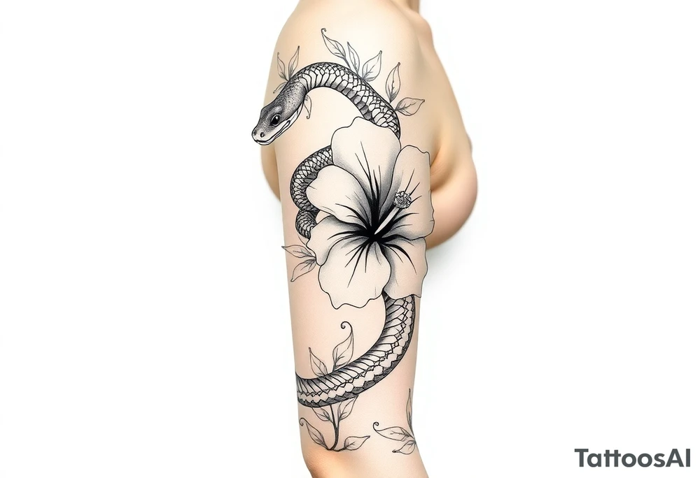 Snake with hibiscus flower tattoo idea