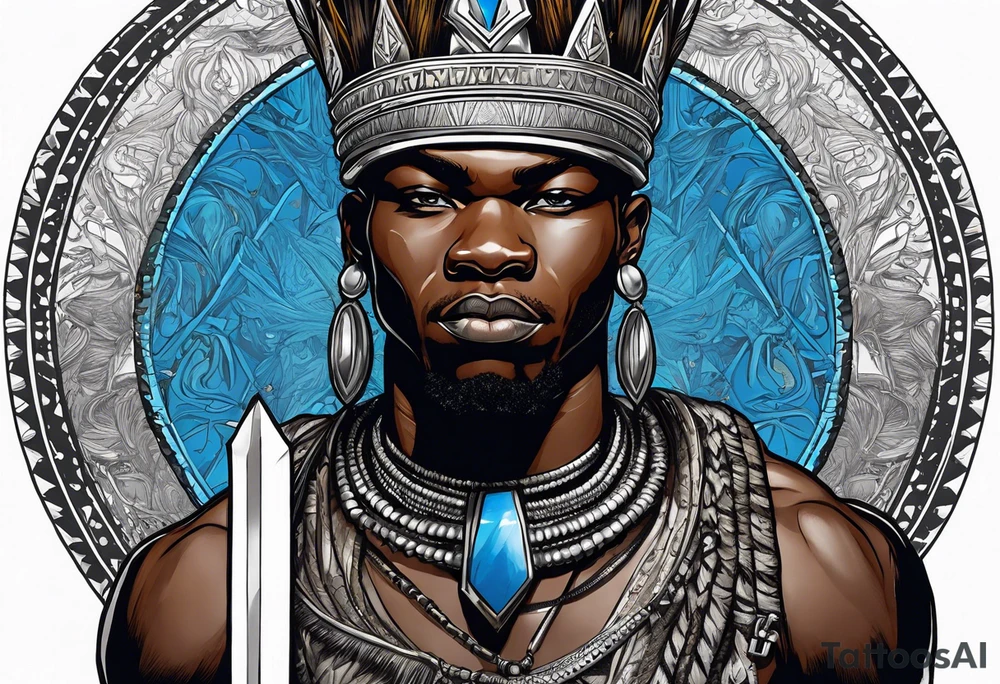 Black-skinned bald african warrior king with a simple silver crown. He uses blue necklaces and has a sword tattoo idea