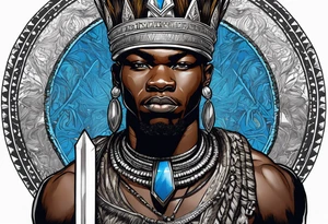 Black-skinned bald african warrior king with a simple silver crown. He uses blue necklaces and has a sword tattoo idea