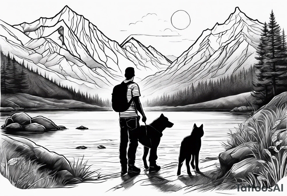 nature, sunset, mountains, a father and son hiking with their dog and cat by the water tattoo idea