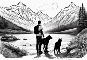 nature, sunset, mountains, a father and son hiking with their dog and cat by the water tattoo idea