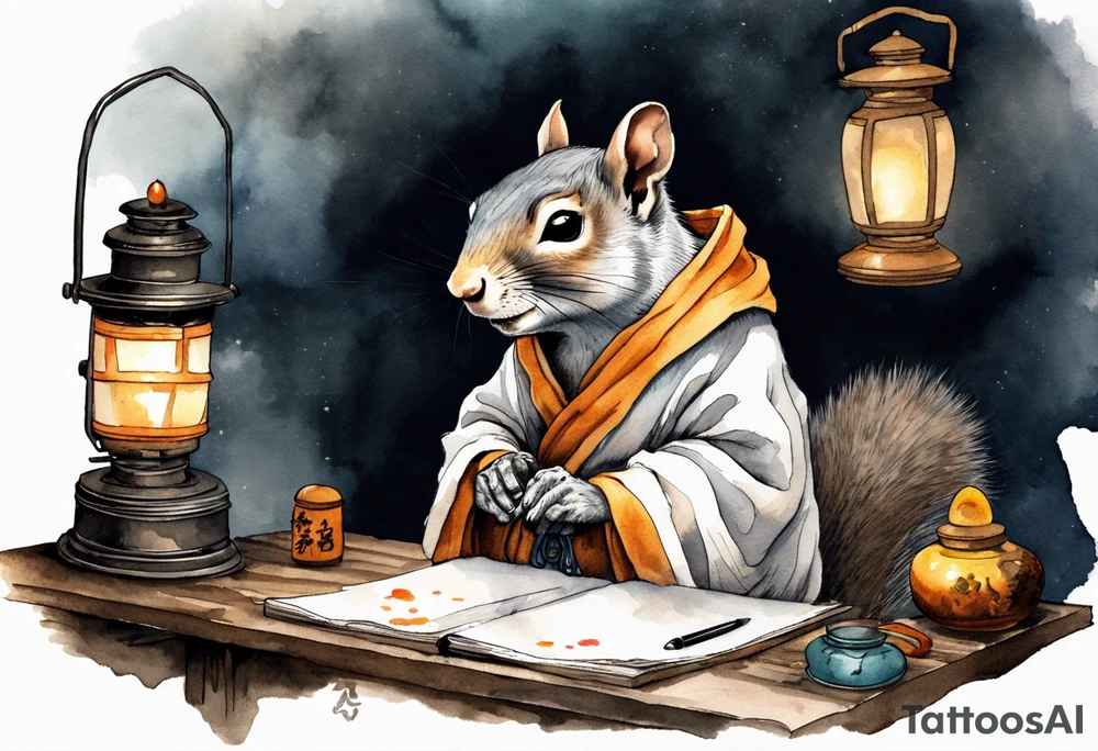 an elderly grey squirrel dressed in a monk robe wearing an eye patch sitting at a desk in the dark writing by a lantern tattoo idea