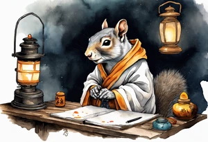 an elderly grey squirrel dressed in a monk robe wearing an eye patch sitting at a desk in the dark writing by a lantern tattoo idea