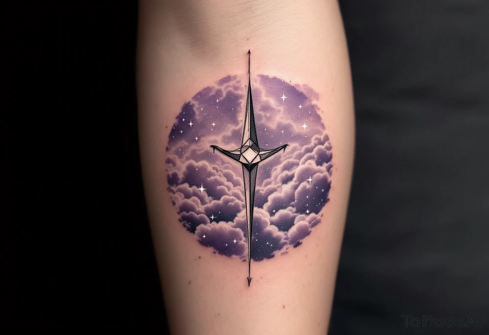 The Sagittarius constellation made of tiny white stars over a background of shaded lavender clouds and faint stardust. tattoo idea