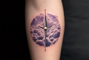 The Sagittarius constellation made of tiny white stars over a background of shaded lavender clouds and faint stardust. tattoo idea