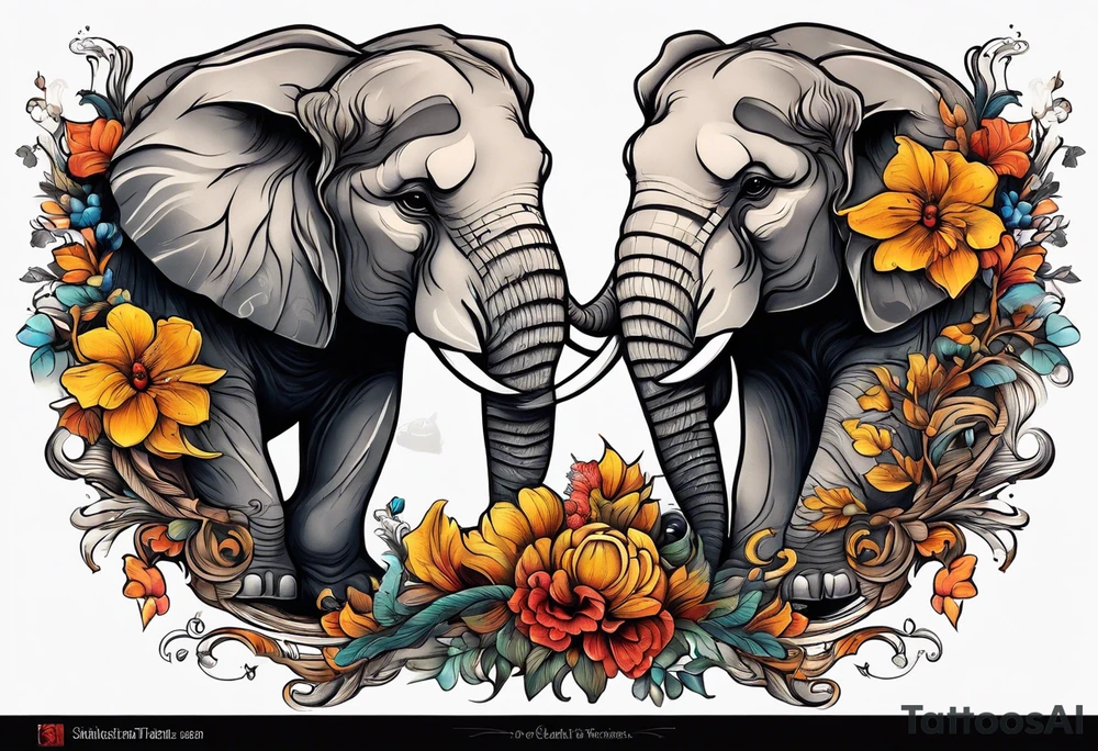 Two lions a elephant and a oak tree and flowers tattoo idea