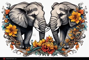 Two lions a elephant and a oak tree and flowers tattoo idea