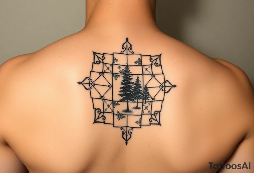 inspiration: my childhood home had an arrangement of tiles in the formation of golden ratio. use this to create a tattoo for me with NO COLOURS using the idea of tiles and golden ratio. placement on upper outer arm or top of bicep so not too big. give me a range of ideas (including some without using tiles, and just the golden ratio). I want to symbolise how nature is made from golden ratio. also give ideas including trees as my garden had this arrangement surrounded by trees tattoo idea