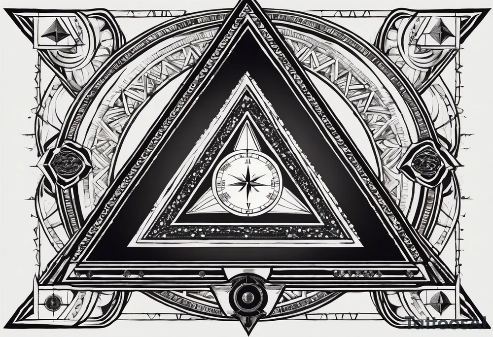 Design Layout
Primary Shape: A triangle as the main framing element, representing harmony and balance. The triangle contains and organizes all other elements inside and around it.
Central Element: Compass in the center of the triangle, symbolizing guidance and direction.
Symbol Placement and Details
Anchor (Strength): Positioned at the lower-left point of the triangle, grounded and stable to represent strength and resilience.
Heart (Love): Placed near the upper-left of the triangle, symbolizing love as a core value.
Olive Branch (Peace): Located at the upper-right of the triangle, with soft, curved lines to convey calmness and peace.
Open Hand (Kindness): Positioned at the lower-right point of the triangle, slightly reaching out or open to symbolize kindness and generosity.
Lotus Flower (Compassion): In the center of the triangle surrounding or beneath the compass, symbolizing personal growth, compassion, and enlightenment.
Chain Link (Loyalty): Integrated into one side of the triangle’s border or framing, symbolizing unbreakable bonds and loyalty.
Sun (Goodness): Above or behind the triangle, radiating subtly to symbolize light, warmth, and goodness.
Clear Open Eye (Honesty): Near the compass or positioned centrally within the triangle, representing clarity, insight, and honesty. tattoo idea