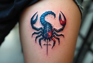 Scorpius astrology symbol stretches its body across the cosmos to a star constellation, with stingers twinkling in icy blue and fiery red. tattoo idea