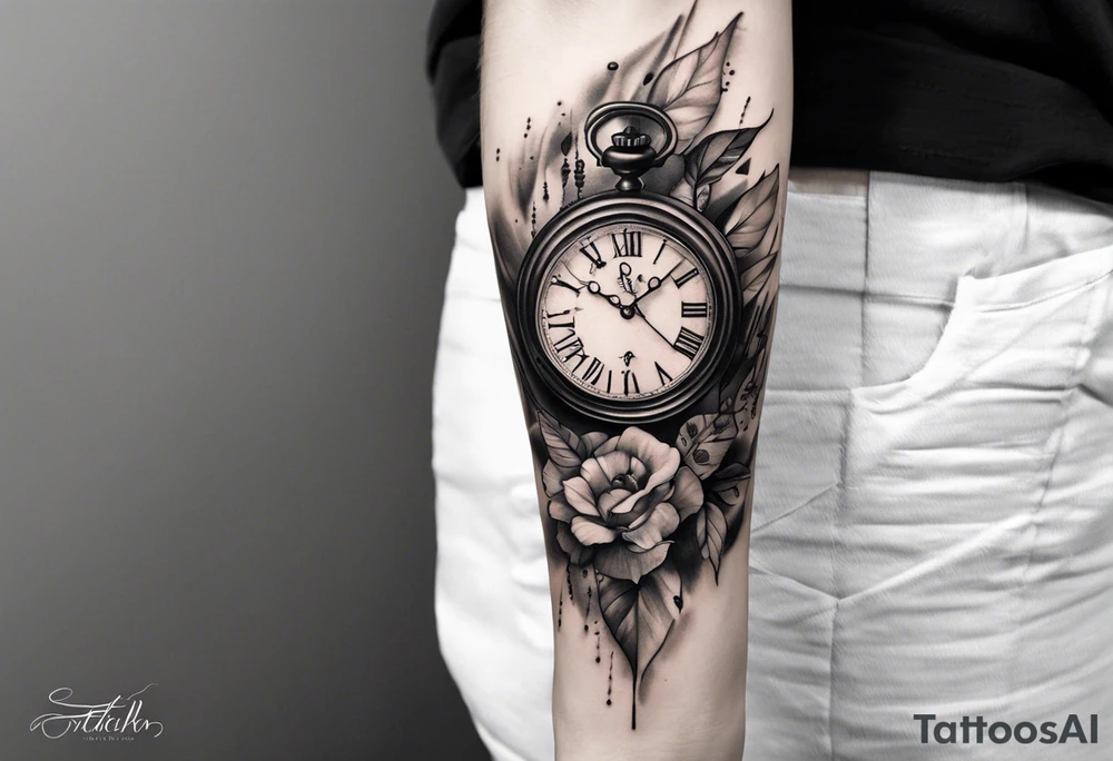 Dessine-moi un tattoo représentant une horloge intégrée à un sablier . En second plan on retrouve des chiffres romains. Le tatouage et noir et blanc et se porte sur l'épaule gauche tattoo idea