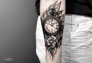 Dessine-moi un tattoo représentant une horloge intégrée à un sablier . En second plan on retrouve des chiffres romains. Le tatouage et noir et blanc et se porte sur l'épaule gauche tattoo idea