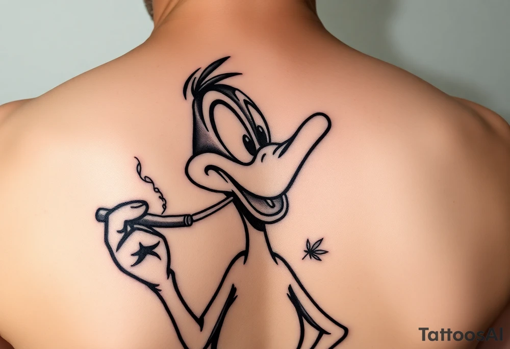 Older Daffy duck smoking a joint of marijuana tattoo idea