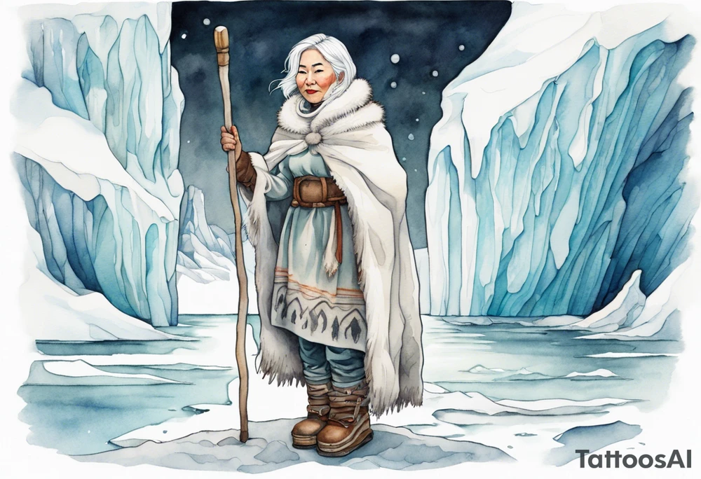 a middle aged Inuit woman with white hair, wearing mittens, mukluks, and a white cloak. Holding a white staff. Standing on an iceberg in the sea tattoo idea