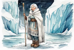 a middle aged Inuit woman with white hair, wearing mittens, mukluks, and a white cloak. Holding a white staff. Standing on an iceberg in the sea tattoo idea