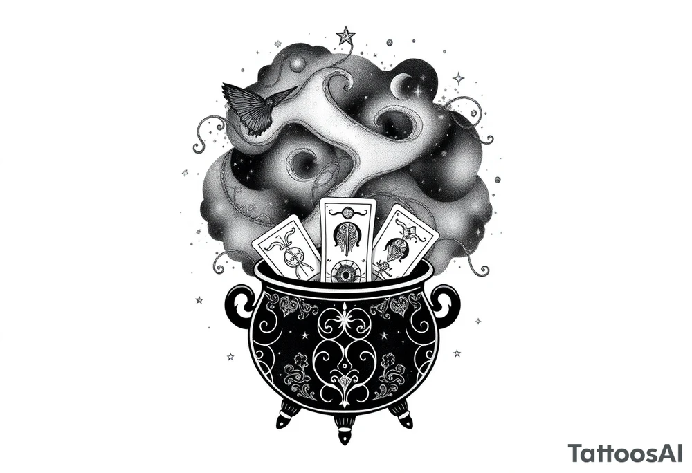 Milky way galaxy filled with zodiac symbols runes tarot cards coming out of a cauldron tattoo idea