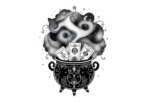 Milky way galaxy filled with zodiac symbols runes tarot cards coming out of a cauldron tattoo idea