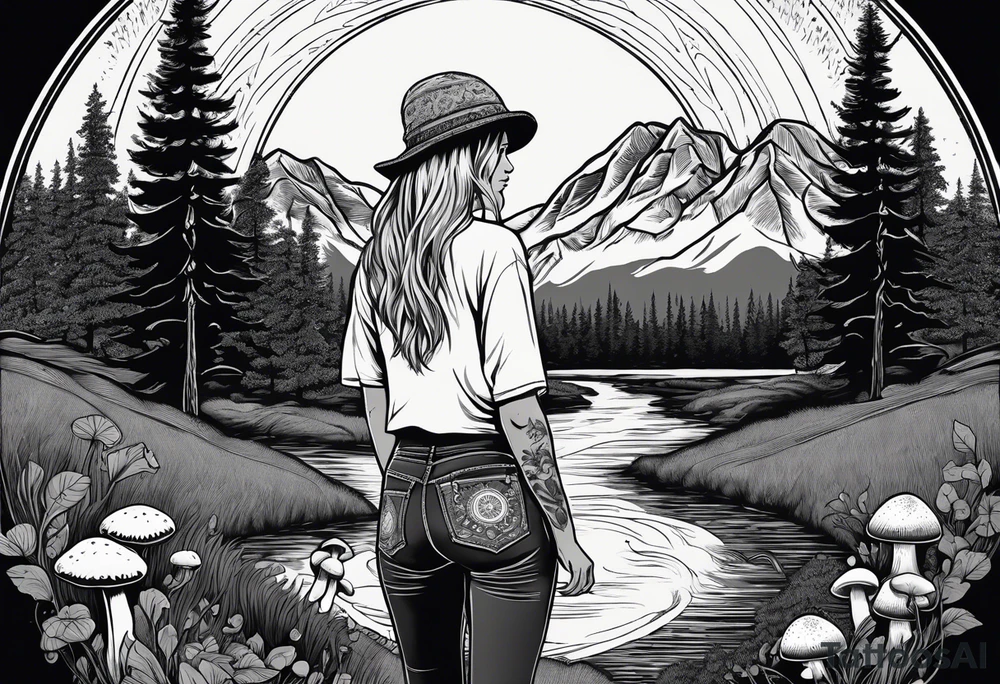 Whole picture encircled fully

Straight long blonde hair hippie girl in distance holding mushrooms in hand facing away toward mountains and creek surrounded by mushrooms tee shirt and hiking pants; whole rendering within a full circle, no cut off circle tattoo idea