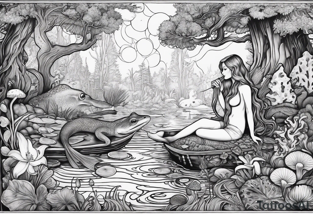 A Mermaid singing in a bayou that has cypress trees, mushrooms, lily pads, frogs, and bugs tattoo idea