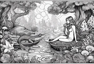 A Mermaid singing in a bayou that has cypress trees, mushrooms, lily pads, frogs, and bugs tattoo idea