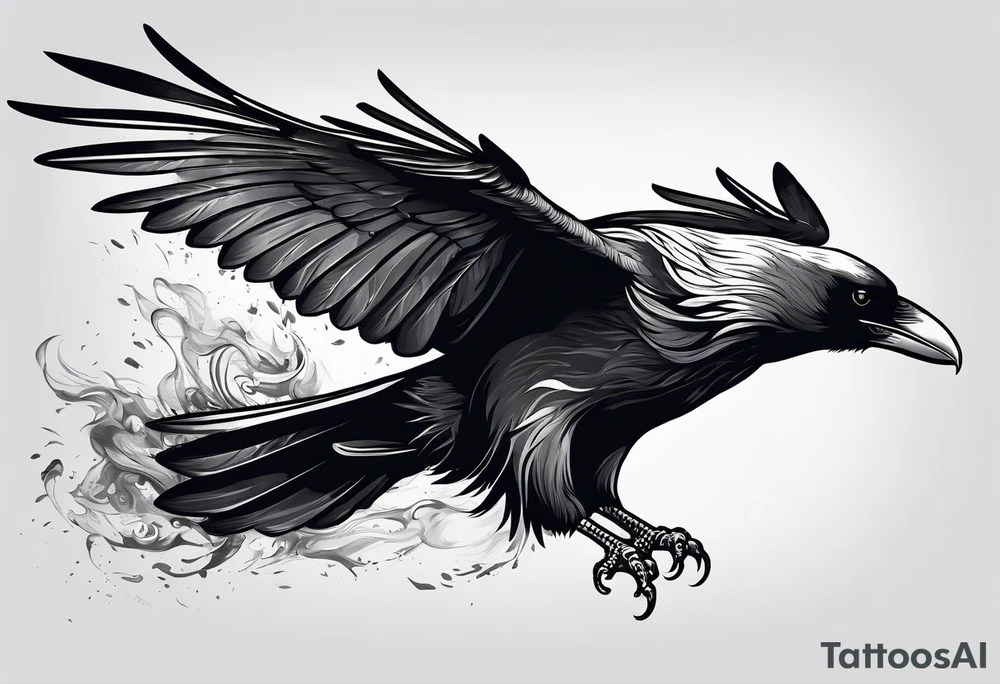 draw the outline of a flying raven, both wings are full on fire tattoo idea