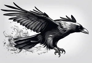 draw the outline of a flying raven, both wings are full on fire tattoo idea