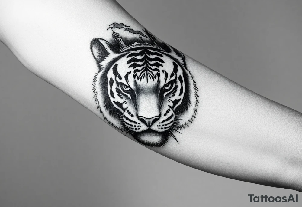in a dorsal view of the hand and forearm a tiger face on the hand with black hollowed eyes, then above this a orthodox church shrouded with a mist and fading into a virgin mary overlooking tattoo idea